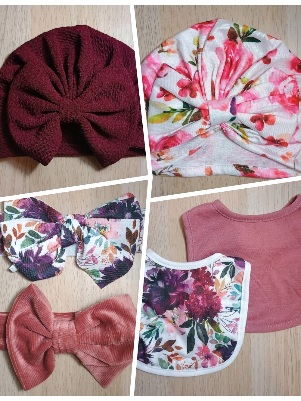 Baby Girl Floral Bow Turban Headbands & Bibs Bundle New Without Tags